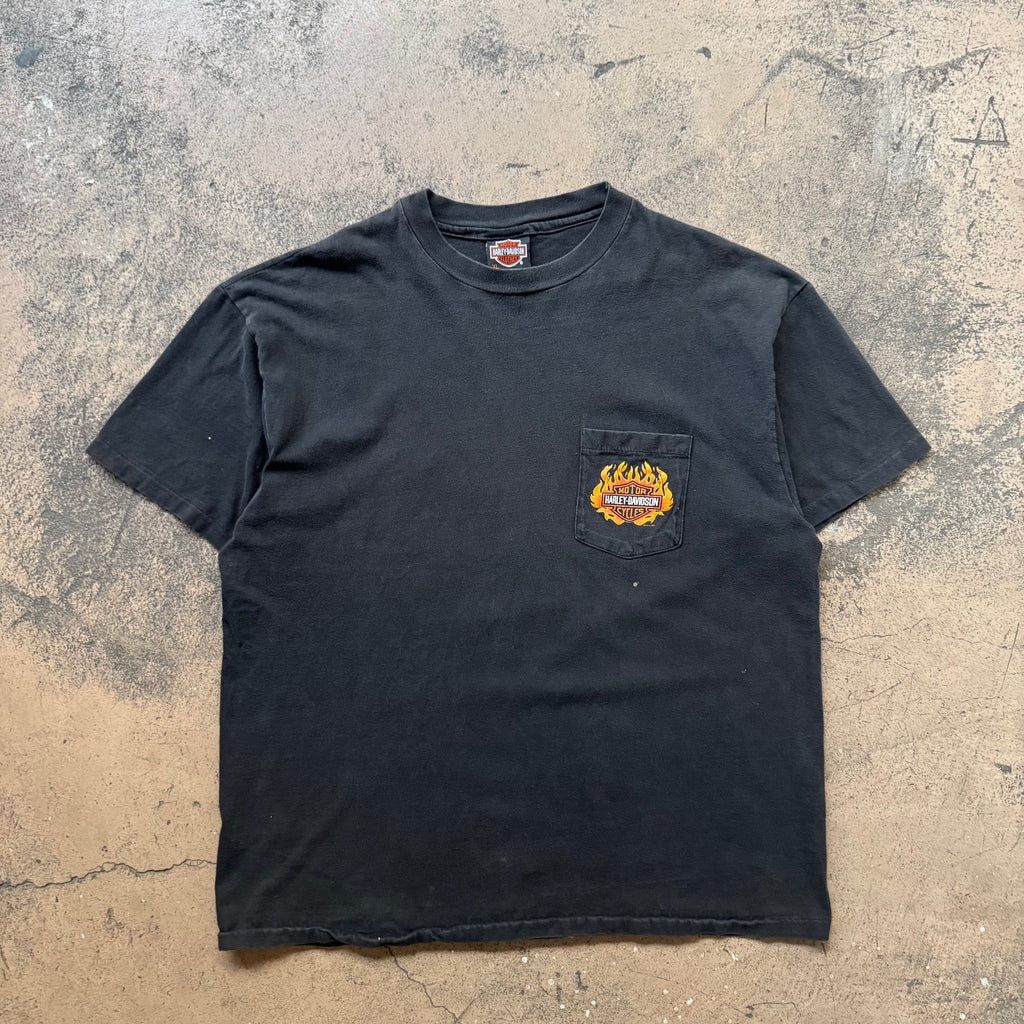 1986 harley davidson flames pocket tee - Large
